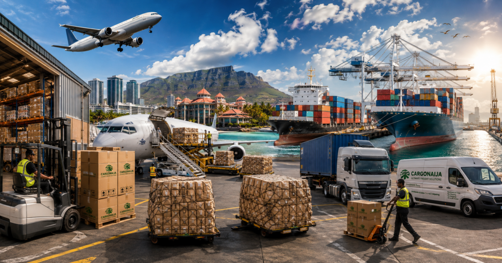 Cargo from UK to Mauritius showing Cargonaija airport-to-airport air freight service with cargo aircraft, branded shipping boxes, UK airport logistics and Mauritius destination.