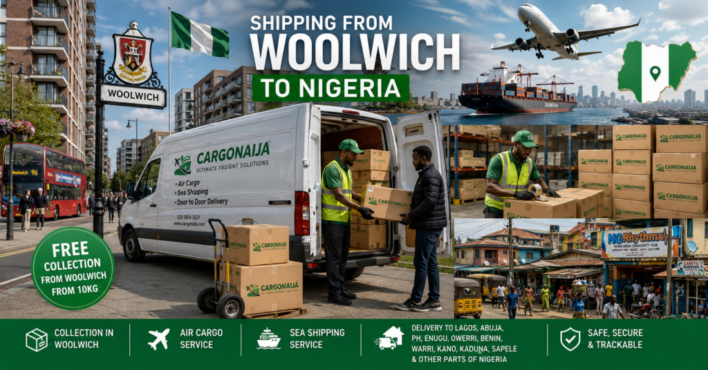 Cargonaija driver collecting labelled cargo boxes from a customer in Woolwich for onward shipping to Nigeria.