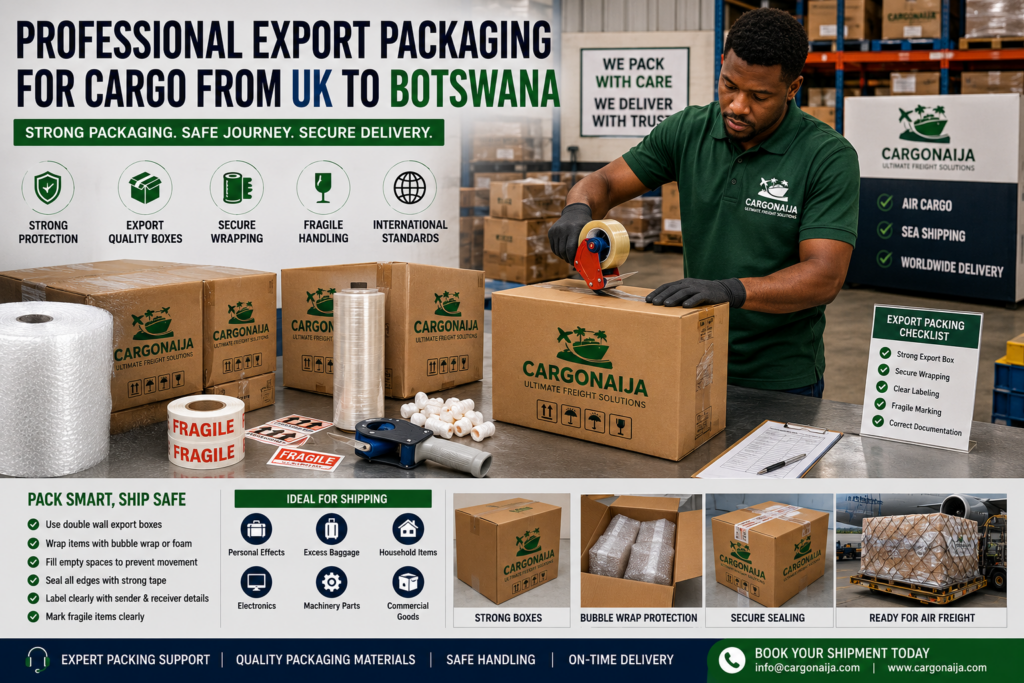Proper export packaging for cargo from the UK to Botswana using strong shipping cartons, bubble wrap and protective materials.
