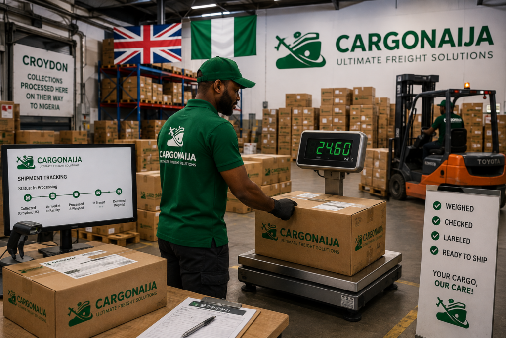 Cargonaija boxes from Croydon being weighed and processed for Nigeria shipping