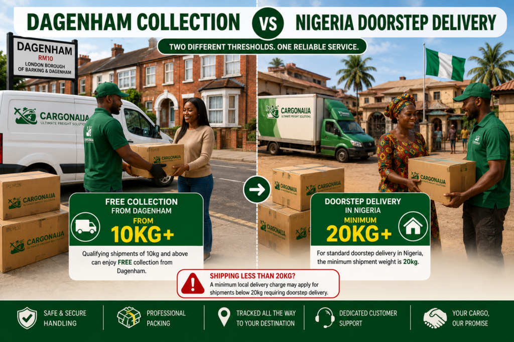 Cargonaija free Dagenham collection from 10kg and Nigeria doorstep delivery from 20kg