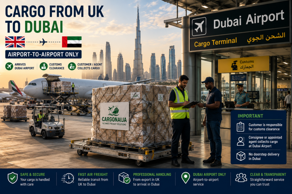 Dubai Airport cargo collection for Cargonaija air freight from the UK to Dubai with customer customs clearance and airport collection.