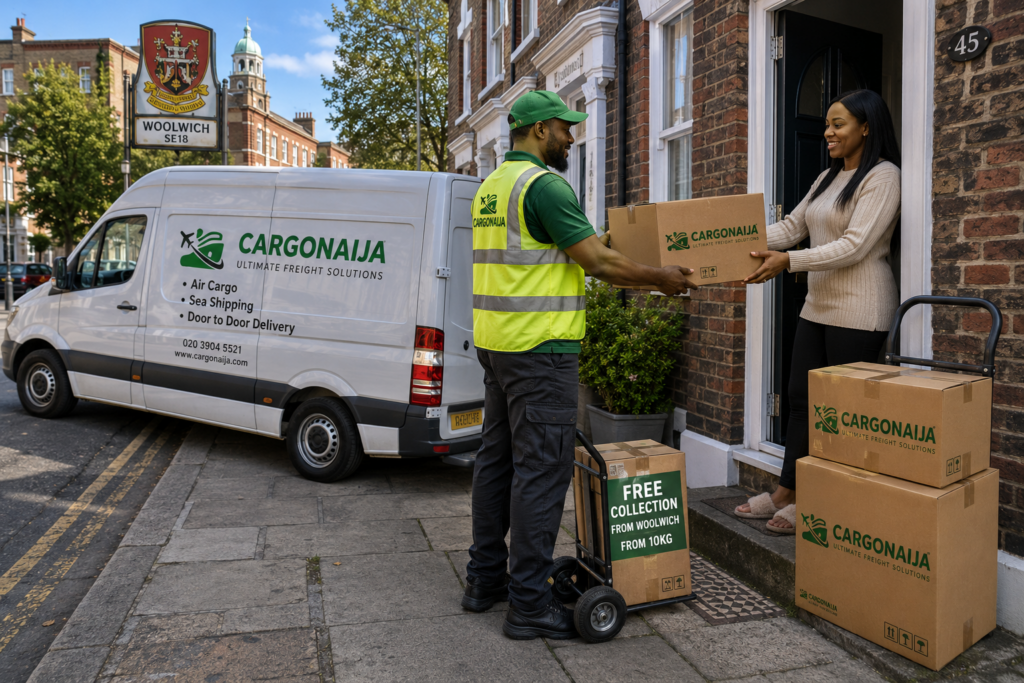 Cargonaija driver collecting prepared cargo from a Woolwich doorstep for shipment to Nigeria.