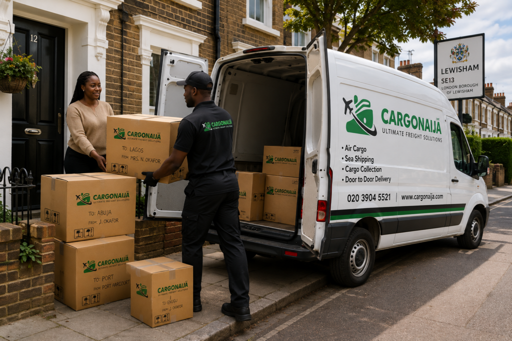 Cargonaija driver collecting Nigeria-bound boxes from a customer in Lewisham