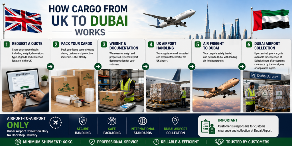 Step-by-step cargo shipping from UK to Dubai showing quotation, packing, UK airport handling, air freight and customer collection at Dubai Airport.