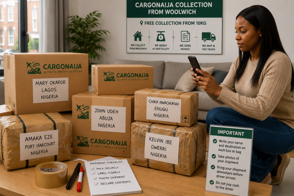 Customer photographing securely packed and labelled Cargonaija boxes before cargo collection in Woolwich.