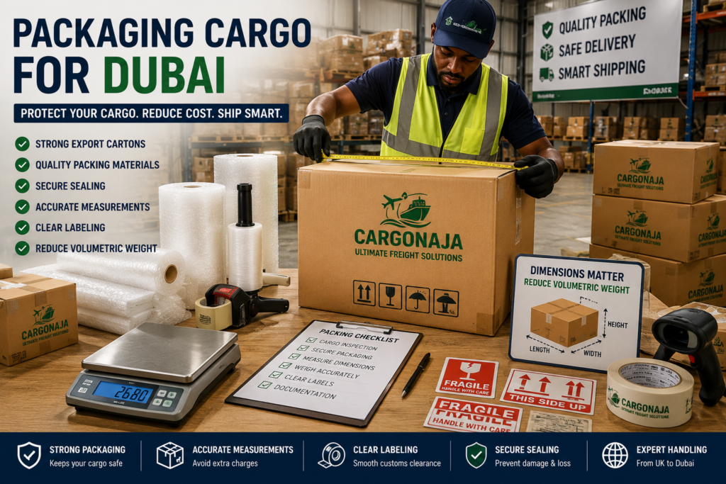 Professional packaging for air cargo from UK to Dubai using strong export cartons, protective wrapping and accurate cargo measurements.