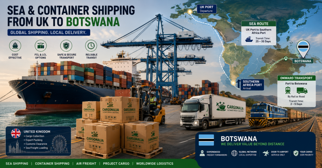 Container shipping from the UK to Botswana showing ocean freight, port operations and onward transport into Botswana.