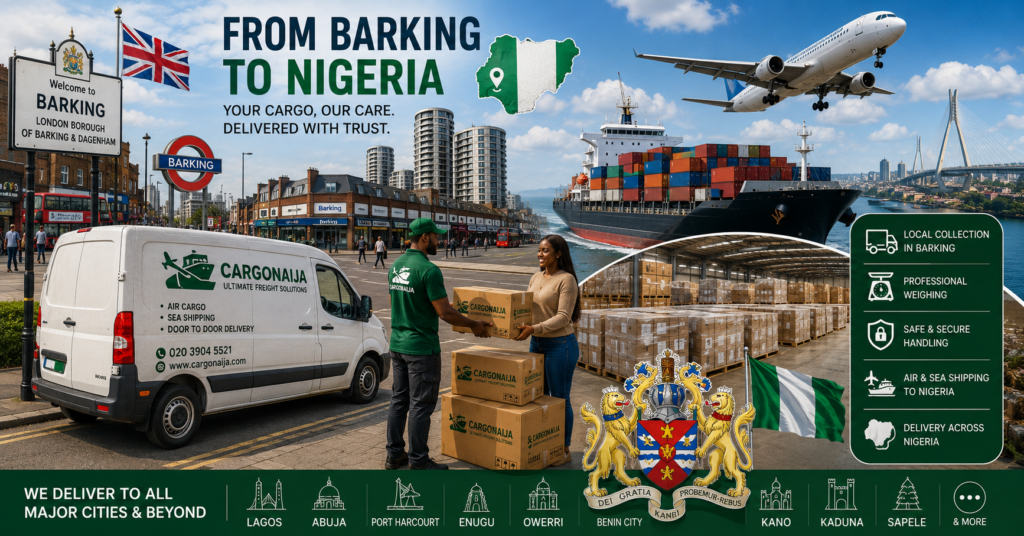 Cargonaija cargo collection van collecting boxes in Barking for shipping to Nigeria