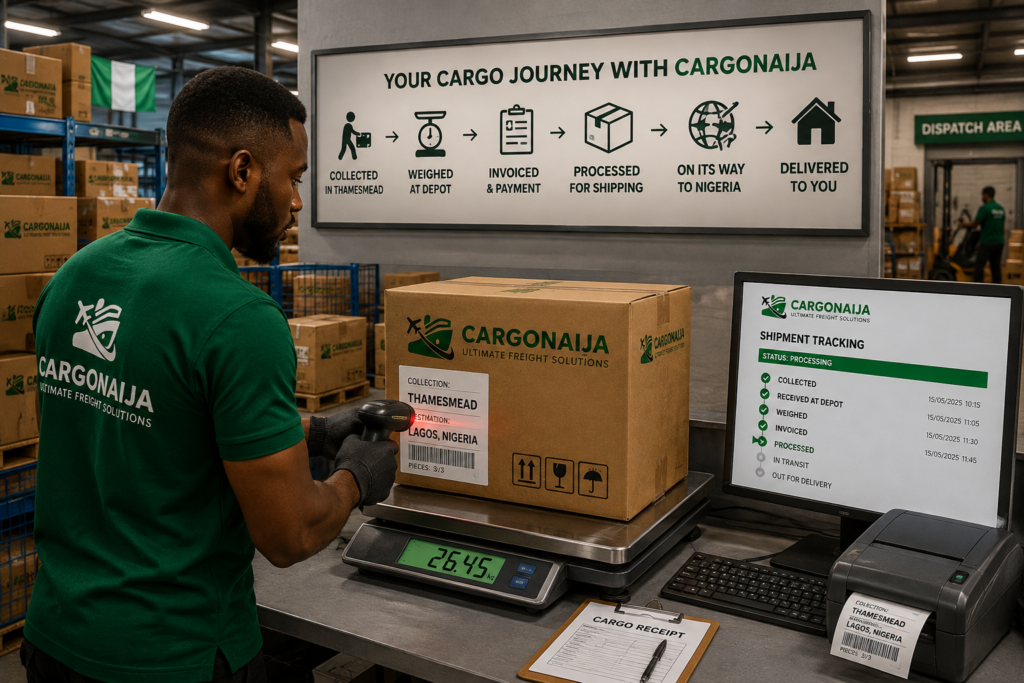 Cargonaija weighing cargo collected in Thamesmead before shipment to Nigeria