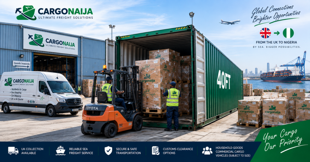 Cargonaija loading a 40ft container in the UK for shipping to Nigeria
