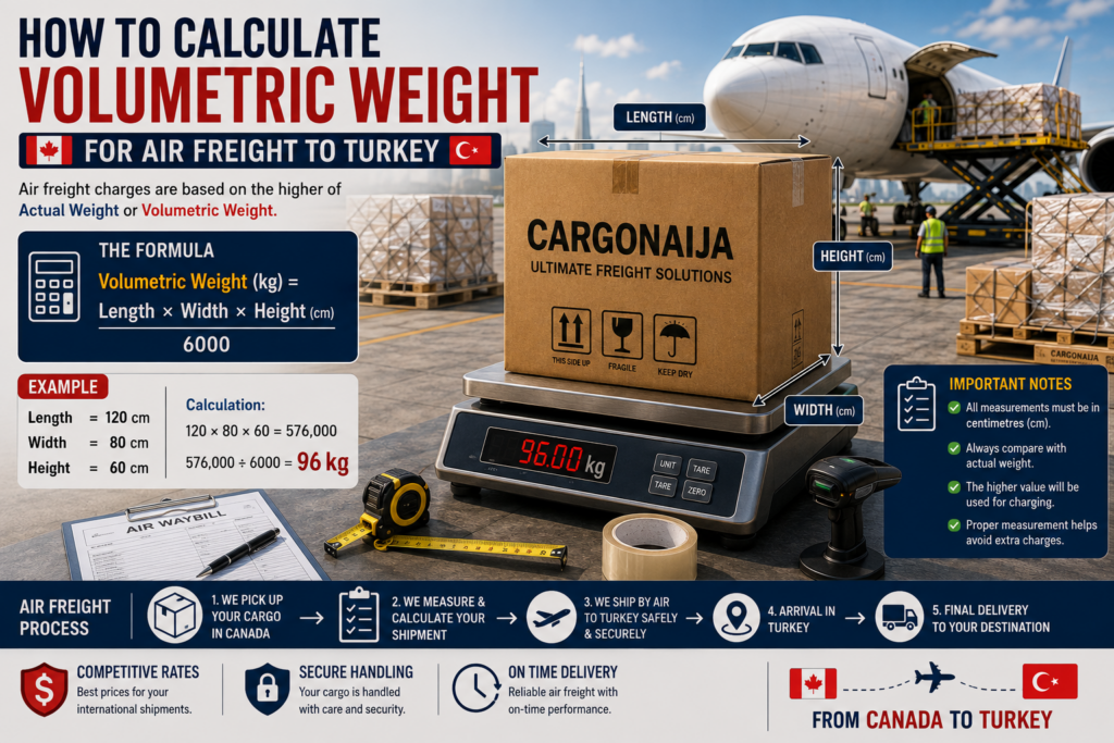 Volumetric weight calculation for Canada to Turkey air freight using length width height divided by 6000