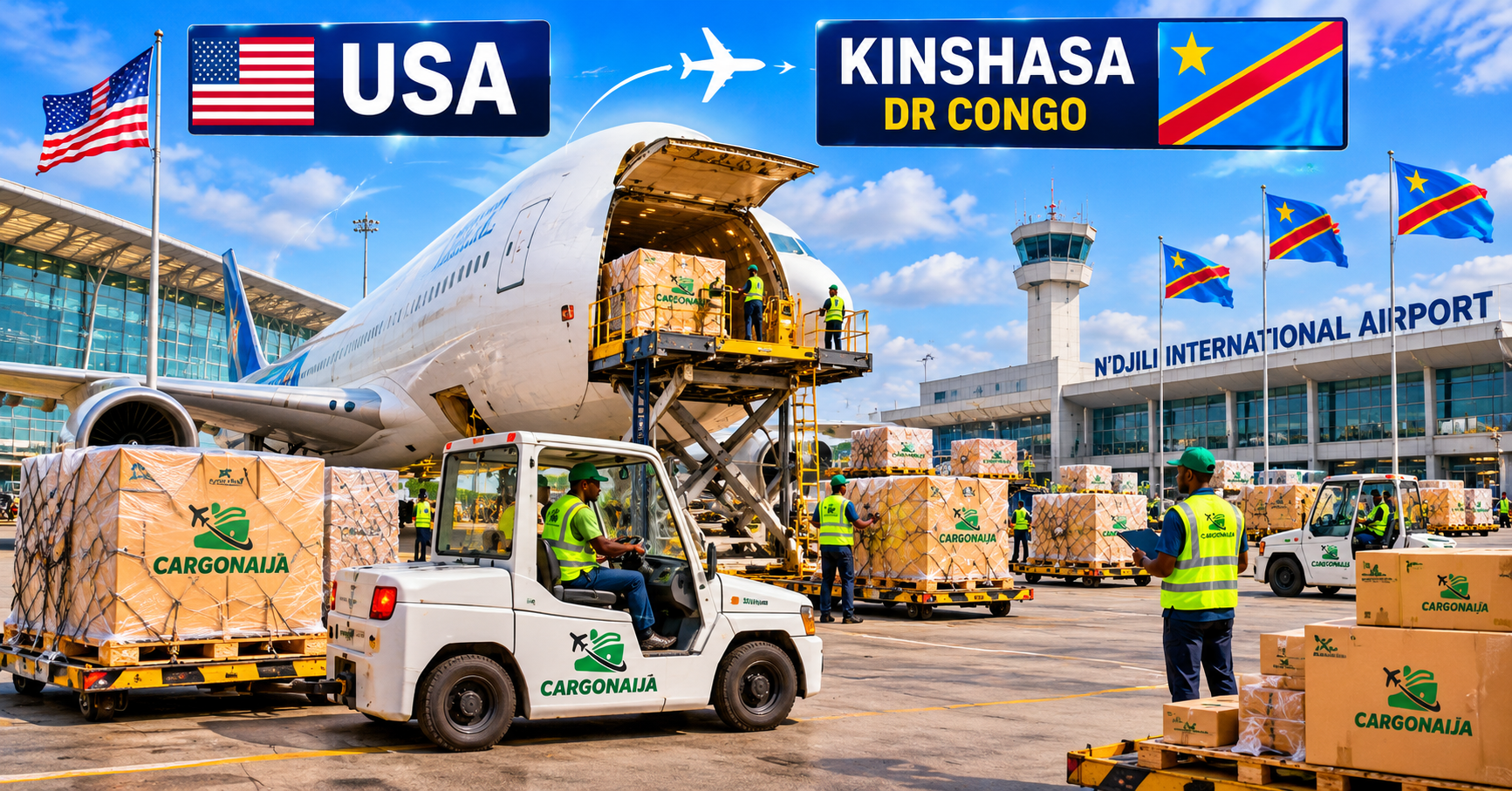 Air freight from USA to Kinshasa Democratic Republic of Congo with cargo pallets, parcels and commercial shipments