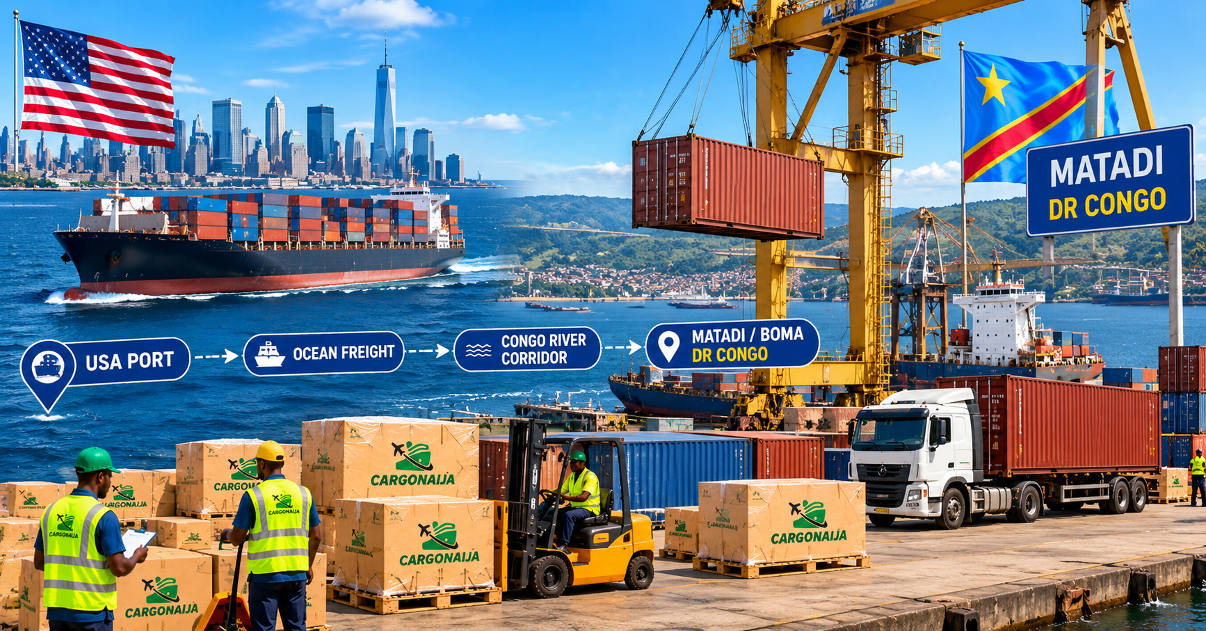 Sea freight from USA to Democratic Republic of Congo with LCL, 20ft and 40ft container shipping to Matadi and Boma