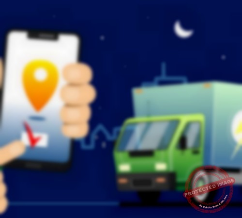 Online service app of fast round-the-clock, night delivery on a smartphone; truck with order delivery. Man tracking an order using a smartphone; city street in the background.