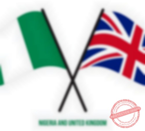 Nigeria and United Kingdom Flags Crossed And Waving Flat Style. Official Proportion. Correct Colors.